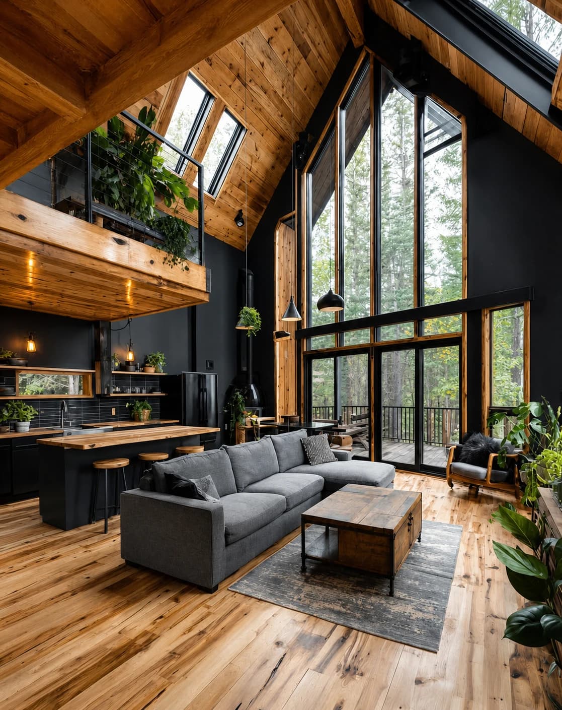 A double-height Cortina great room in black-painted timber and warm wood, looking out to the forest