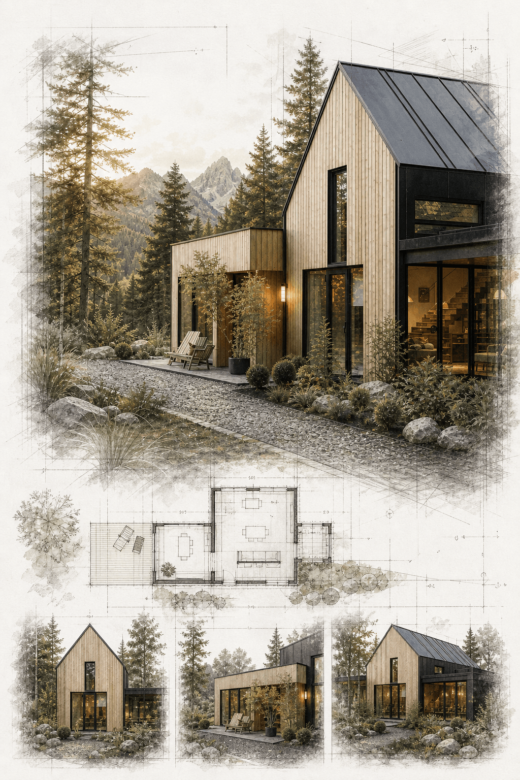Architectural rendering of a Cortina residence with floor plan and elevation studies