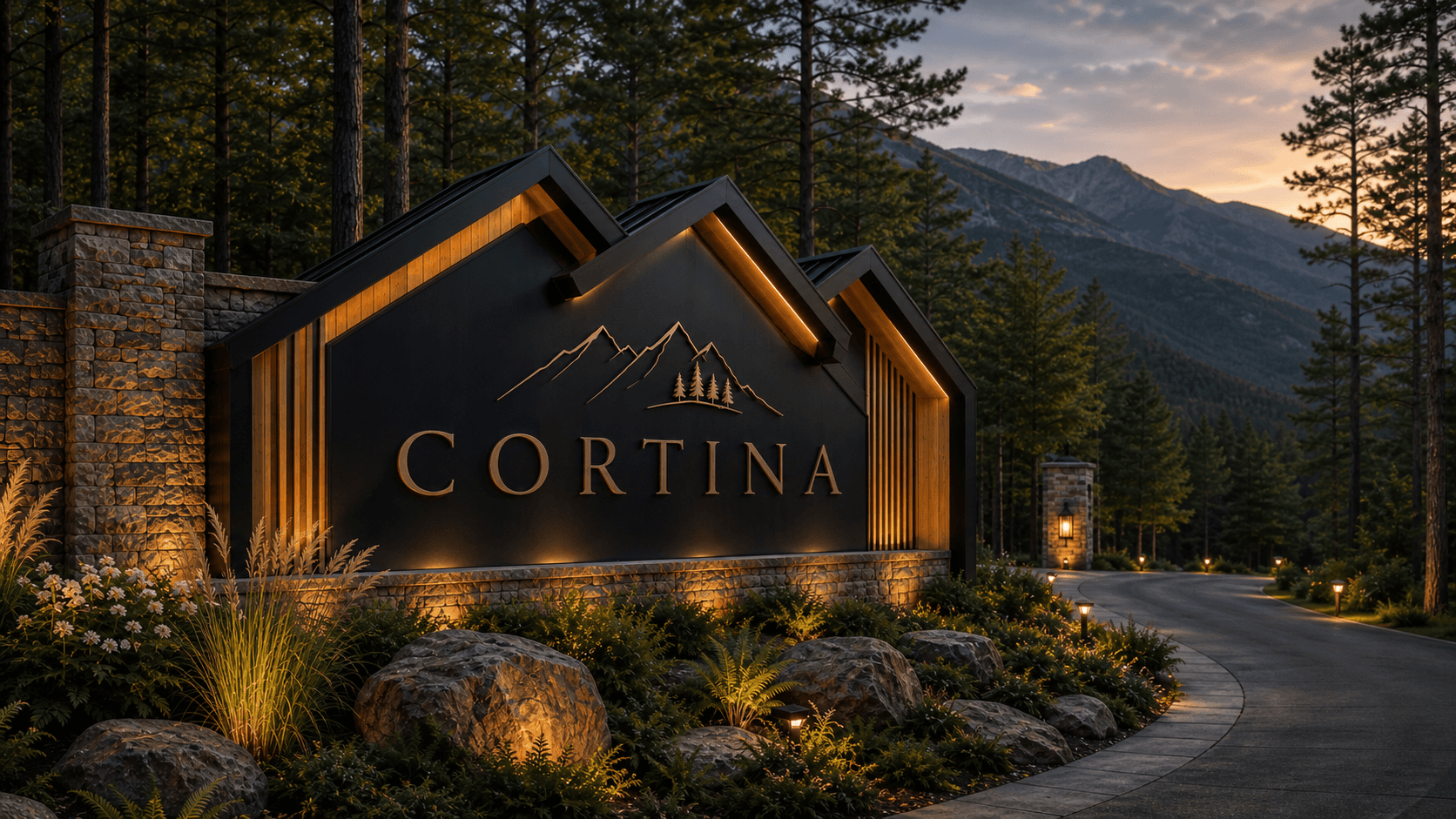The Cortina entrance sign at dusk, backed by mountains and forest