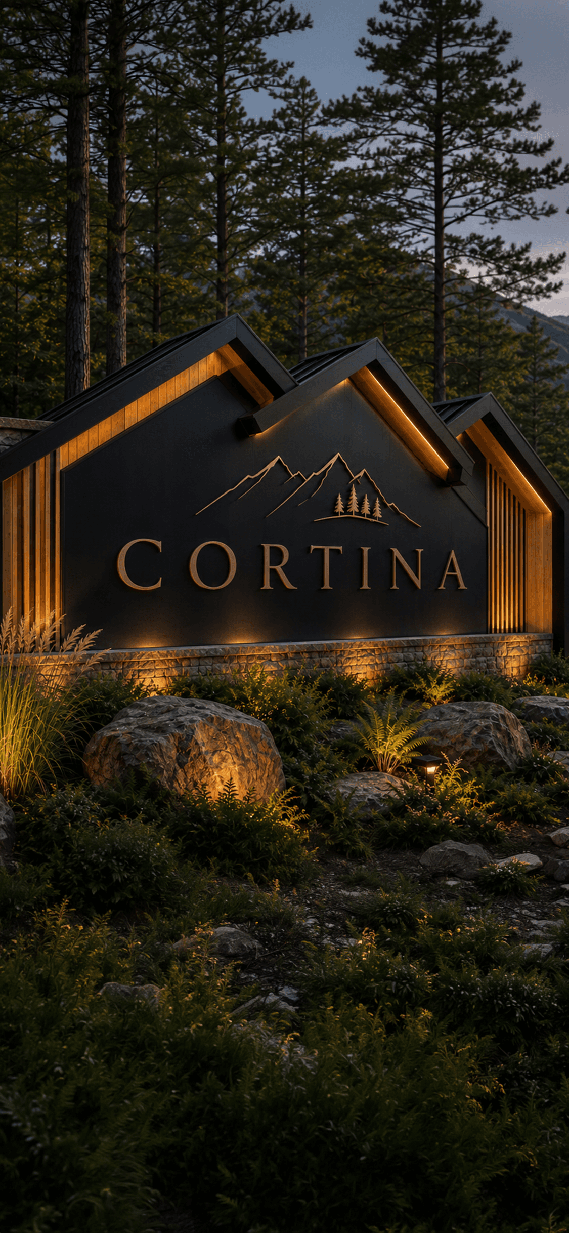 The Cortina entrance sign at dusk, backed by mountains and forest
