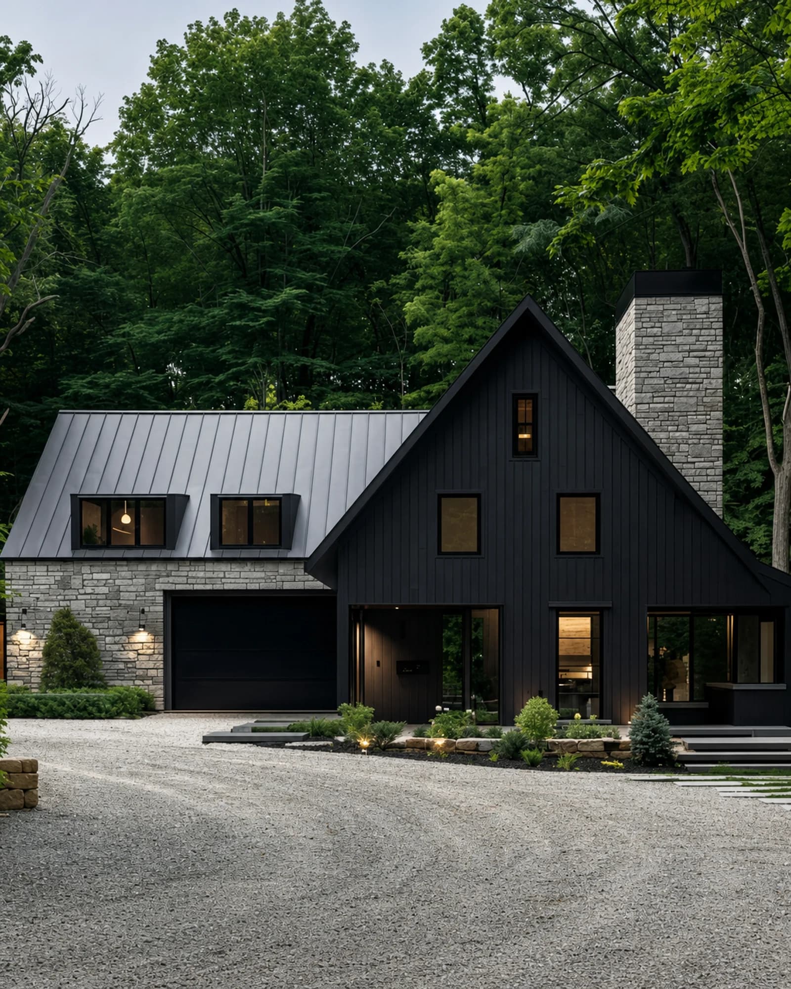 A Cortina residence with a stone chimney, set against dense forest