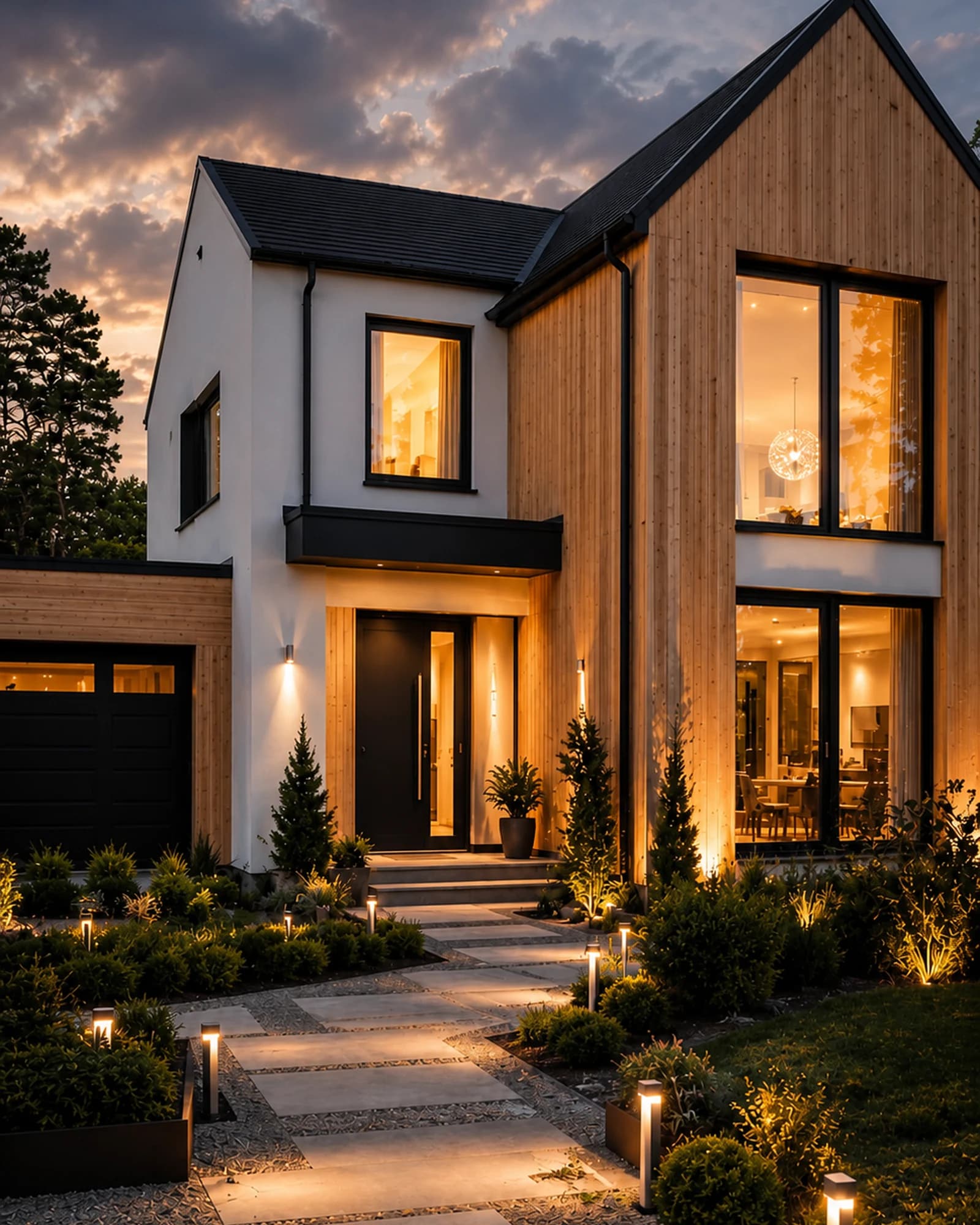 A Cortina residence entrance at dusk, wood and white facade